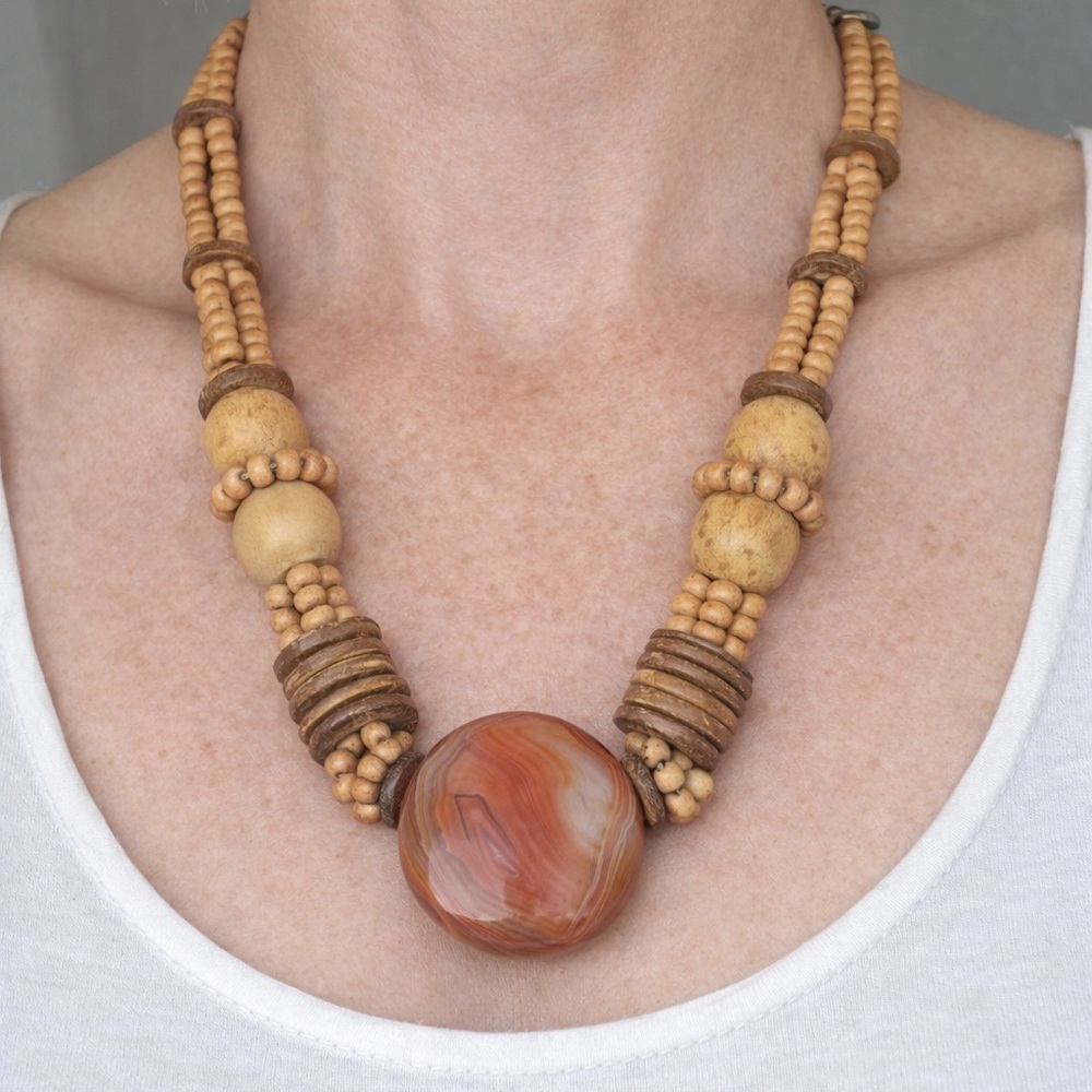 Vintage Natural Stone & Wood Beaded Necklace | Boho Statement Necklace